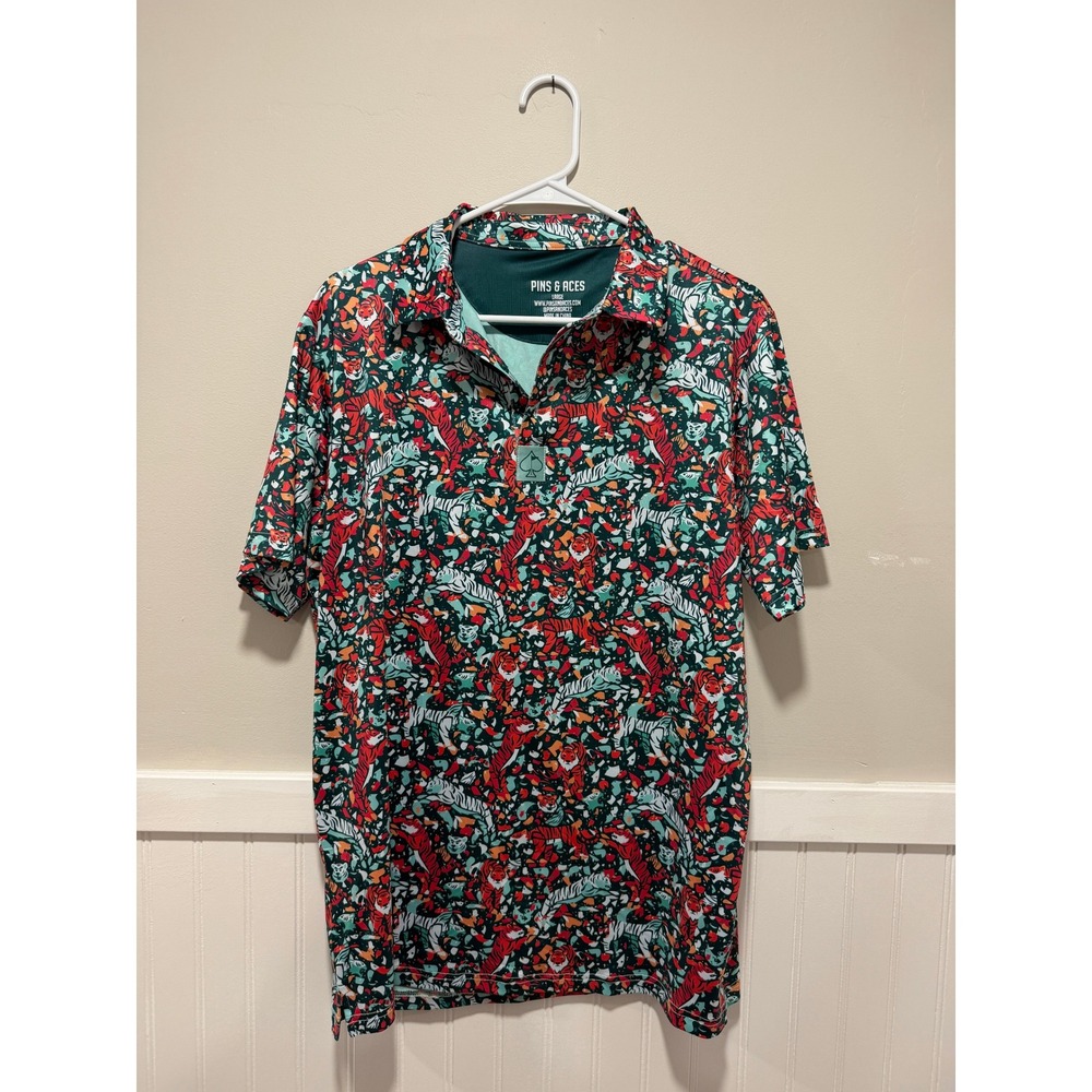 Pins & Aces Short Sleeve Golf Polo Tiger Pattern Men Size Large